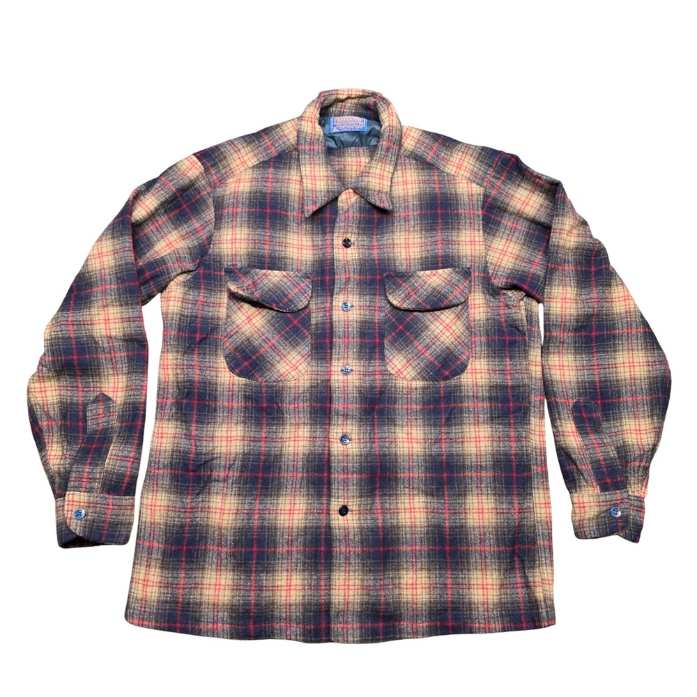 VTG Pendleton Board Shirt Plaid Tan Navy Mens Large Wool Flannel Loop Collar USA